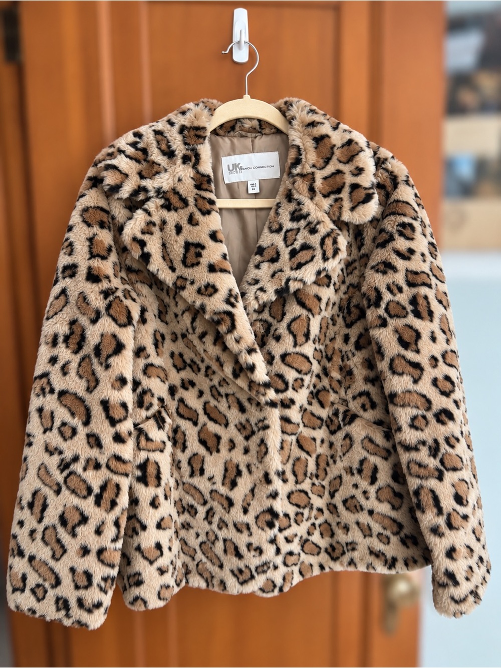 French Connection Leopard-Print Teddy Jacket in Beige and Black